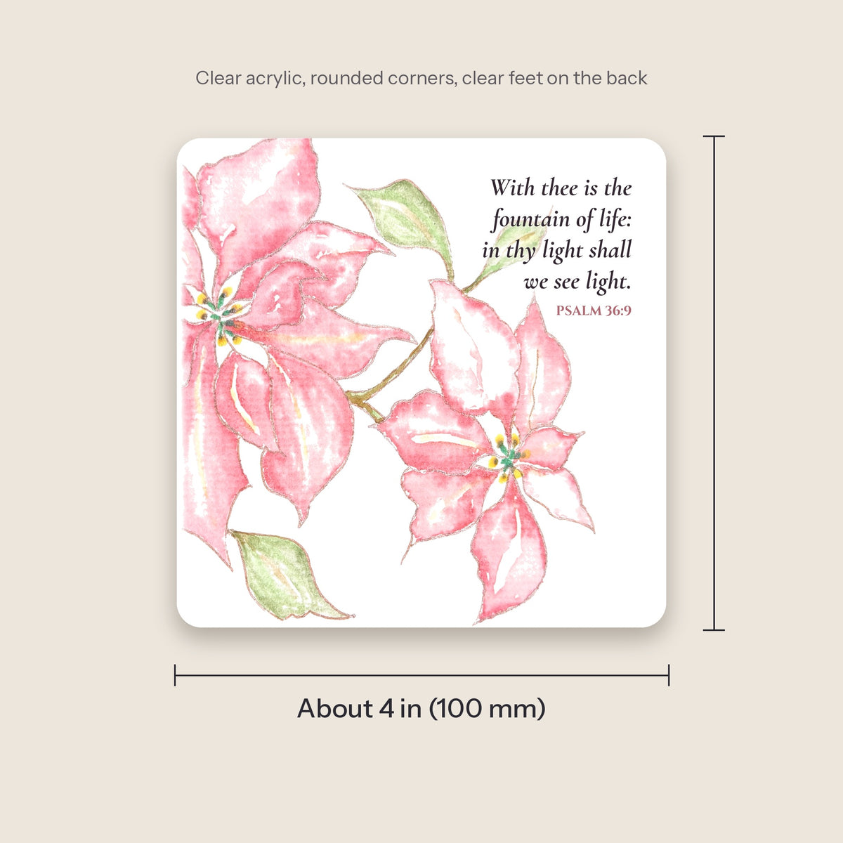 Coaster size: about 4 inches (100 mm) square