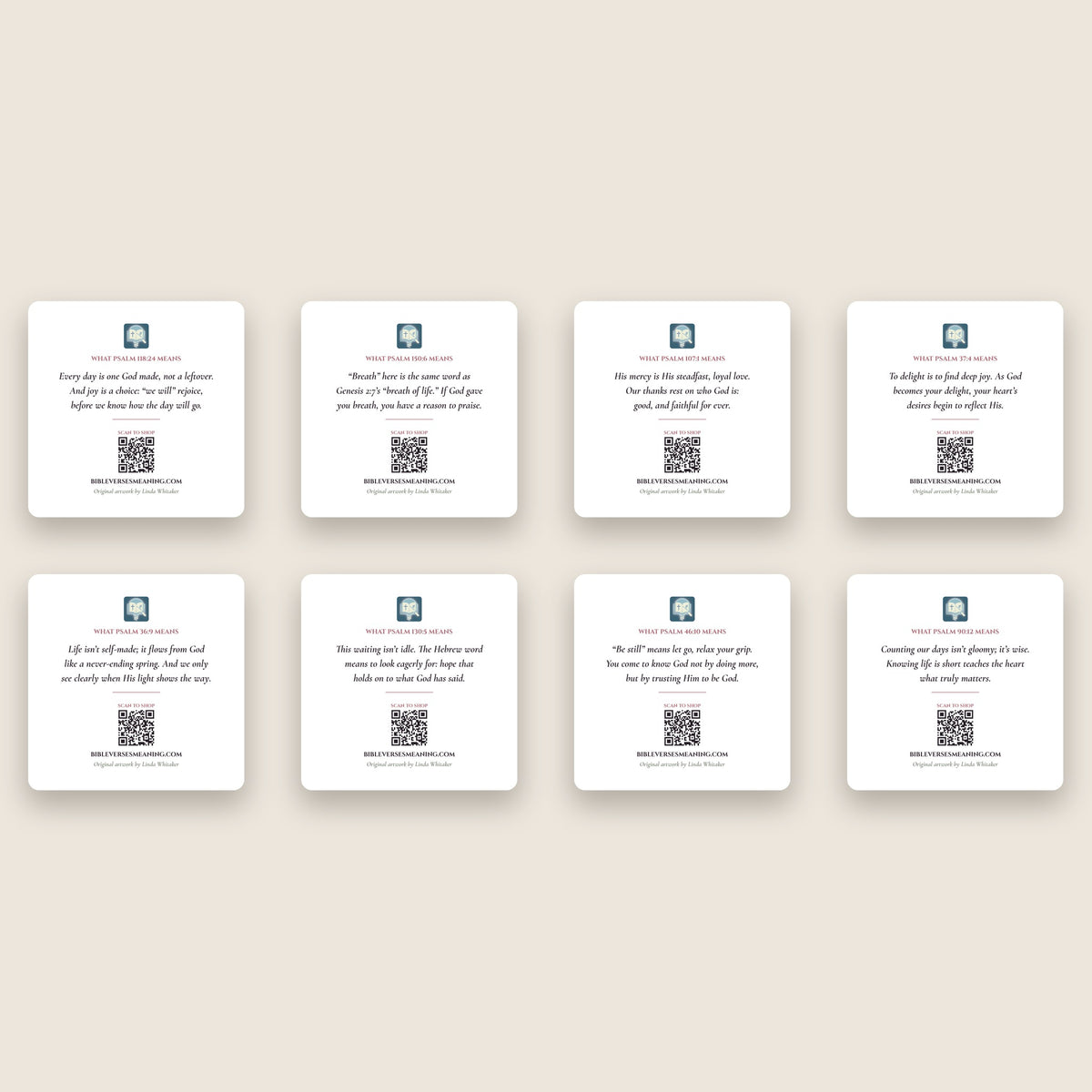 The backs of the coasters: each one explains what its Psalm means and has a QR code to the Bible Verses Meaning shop