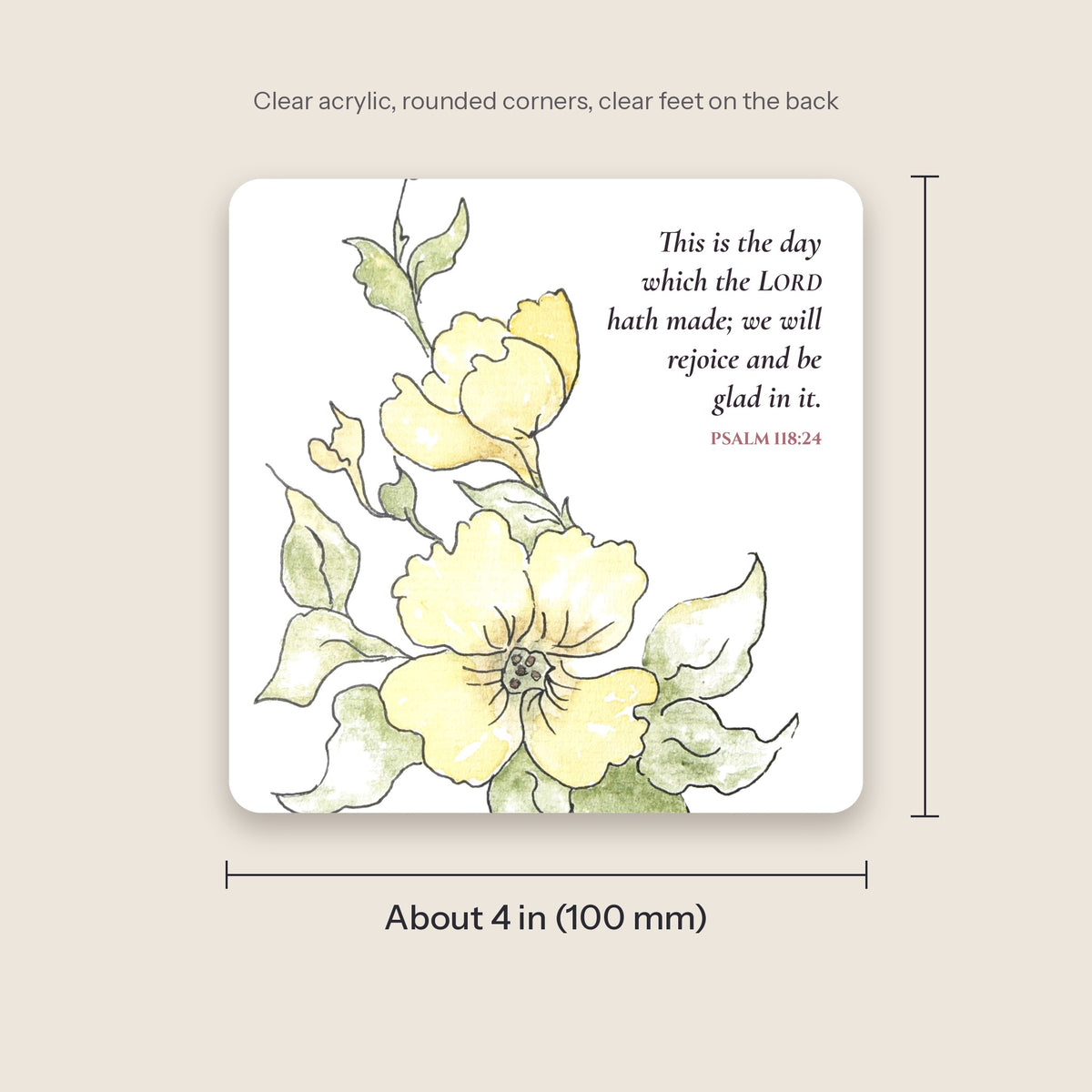 Coaster size: about 4 inches (100 mm) square