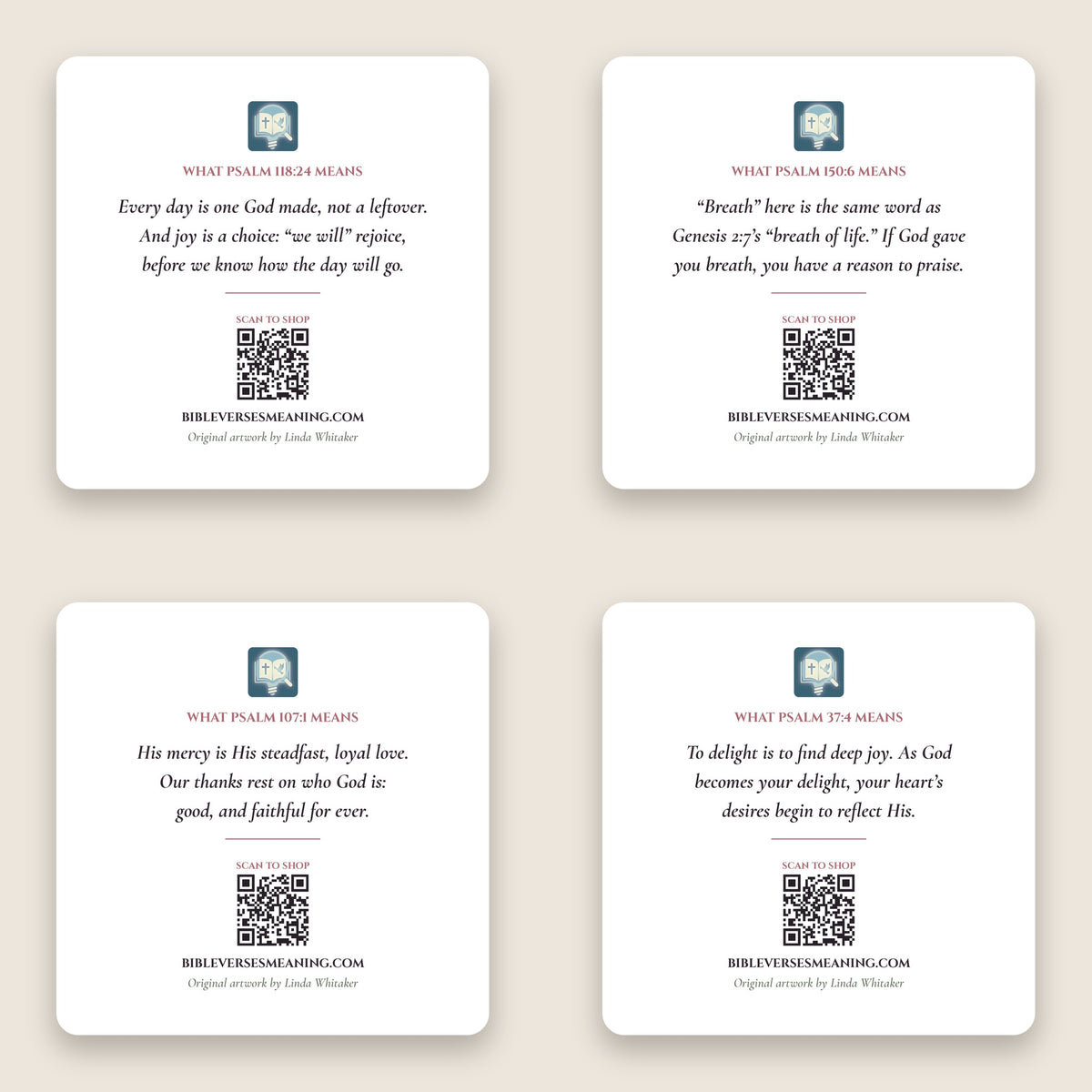 The backs of the coasters: each one explains what its Psalm means and has a QR code to the Bible Verses Meaning shop