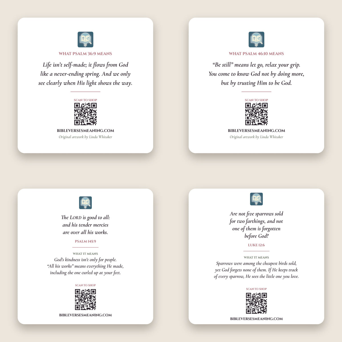 Four coaster backs, each with a verse, what it means and a QR code