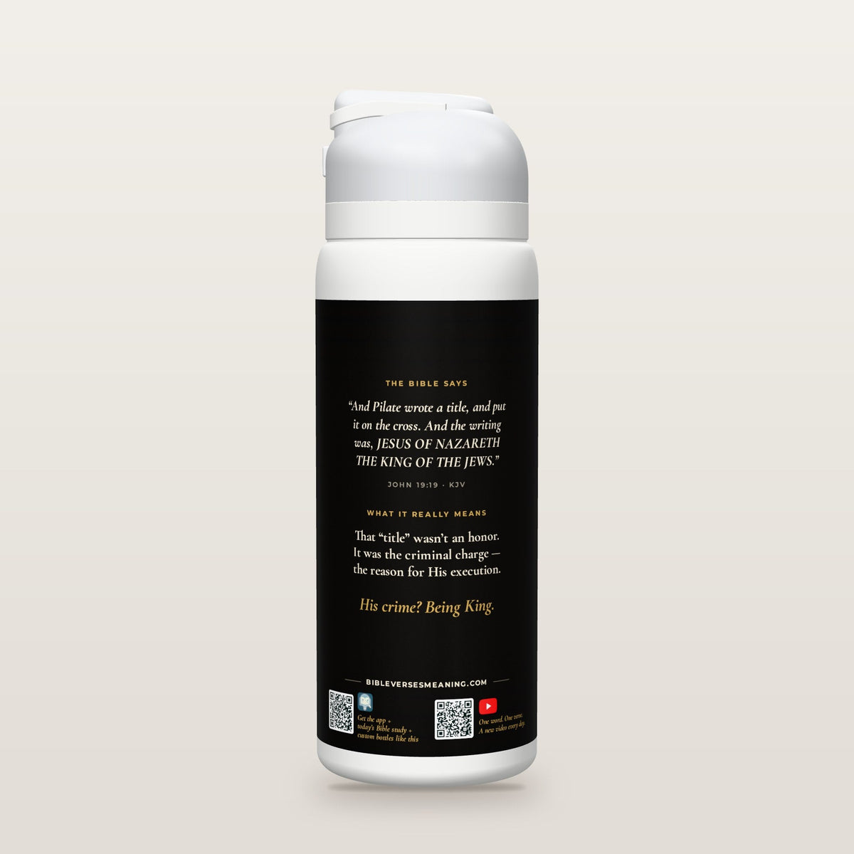 Back of the Jesus Is King bottle: John 19:19 (KJV) and what it really means, with QR codes