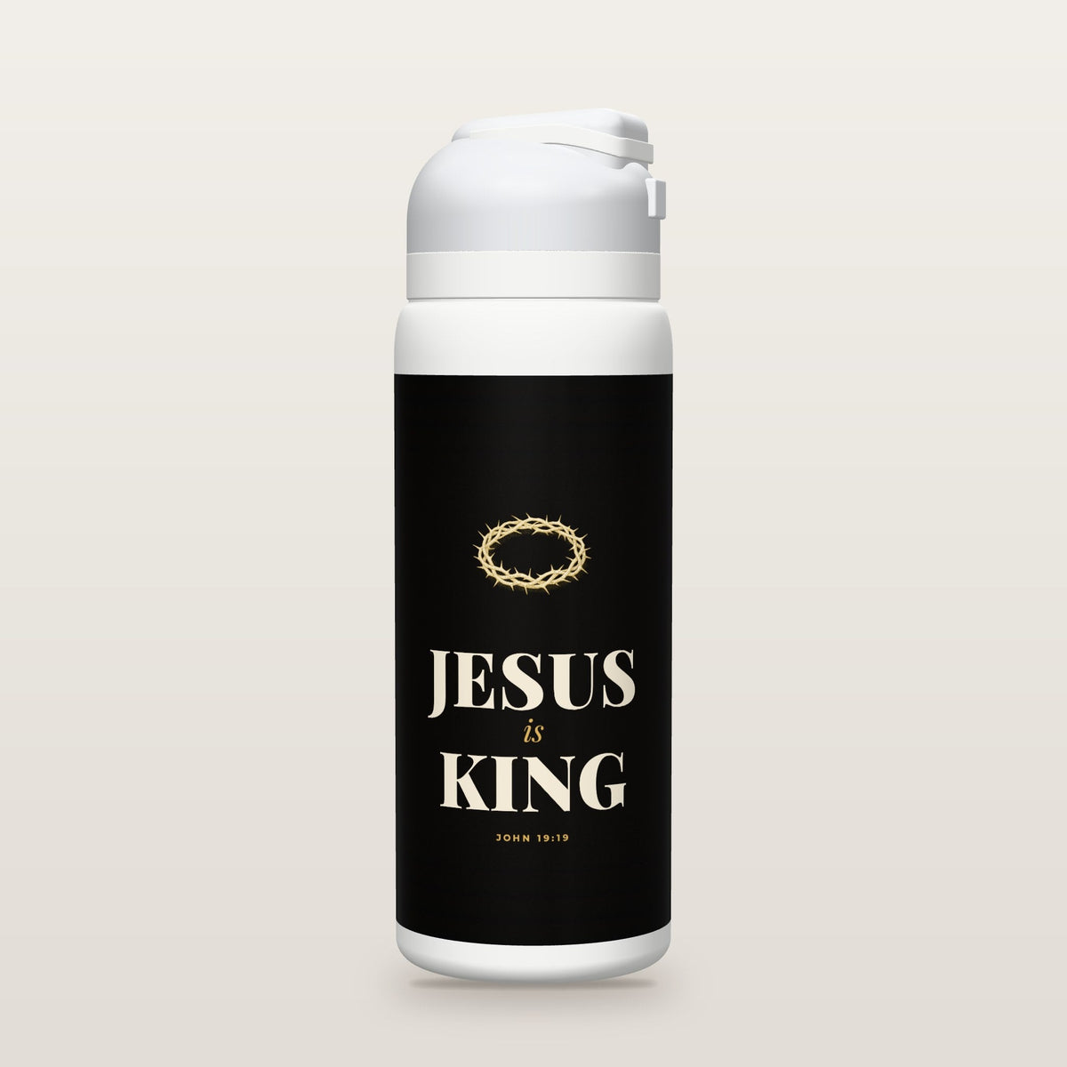 White Owala water bottle with a black printed band, a gold crown of thorns and the words JESUS is KING with John 19:19.