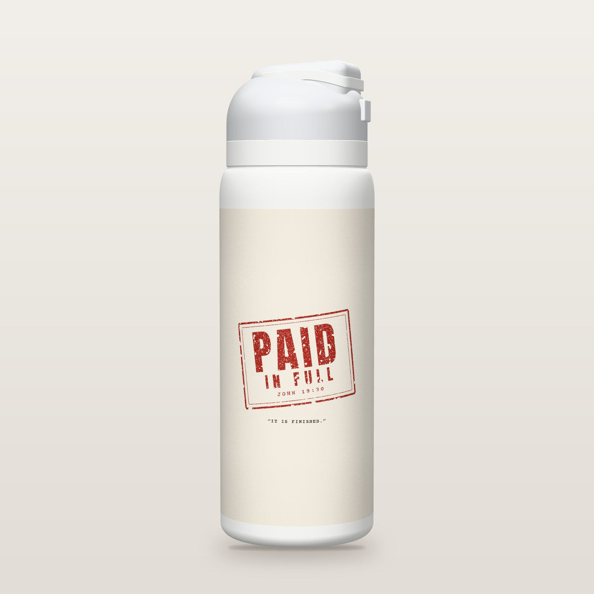 White Owala water bottle with a cream printed band and a red rubber-stamp graphic reading PAID IN FULL, John 19:30.