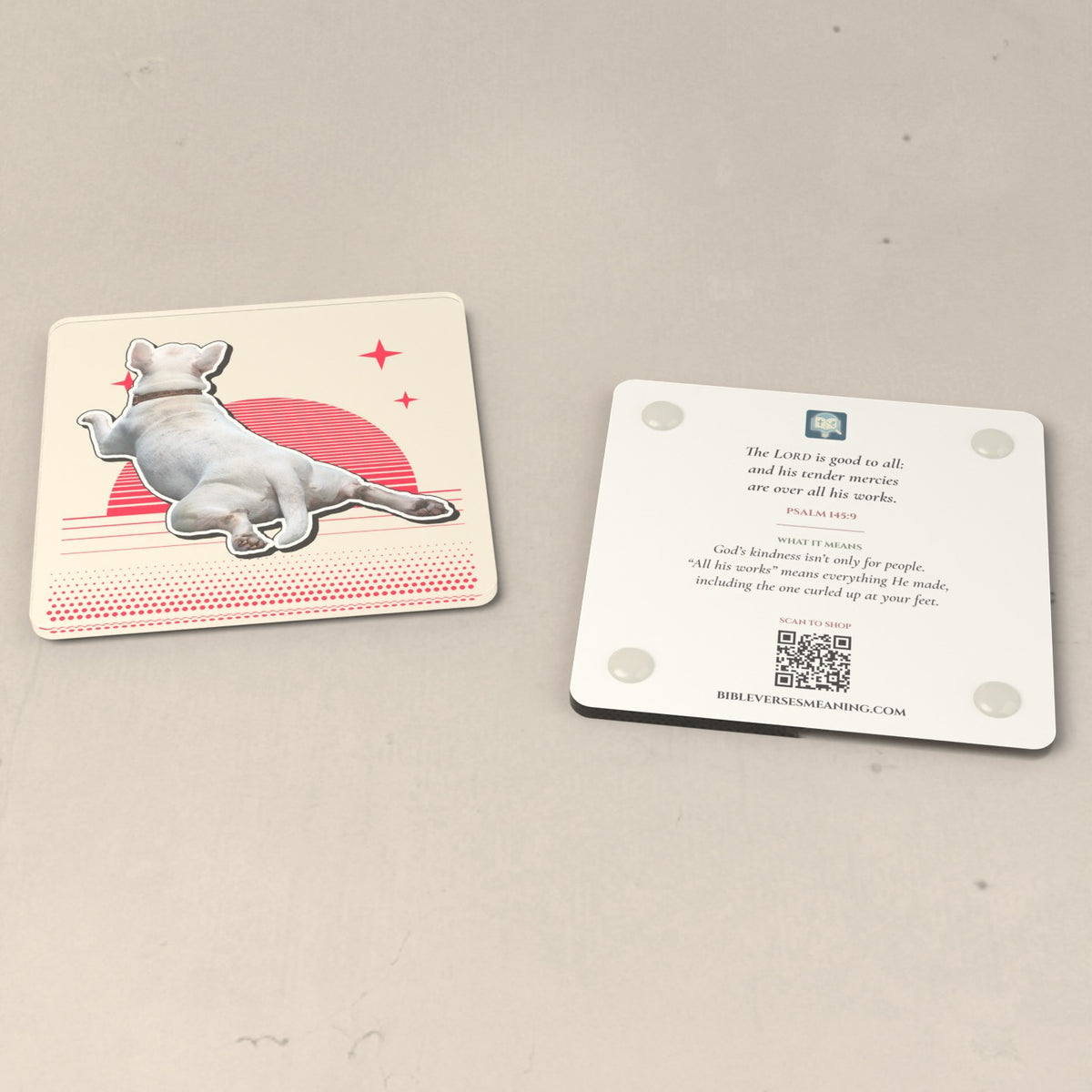A pet coaster front and back: a white bull terrier lying on a retro sunset, and Psalm 145:9 with its meaning on the back
