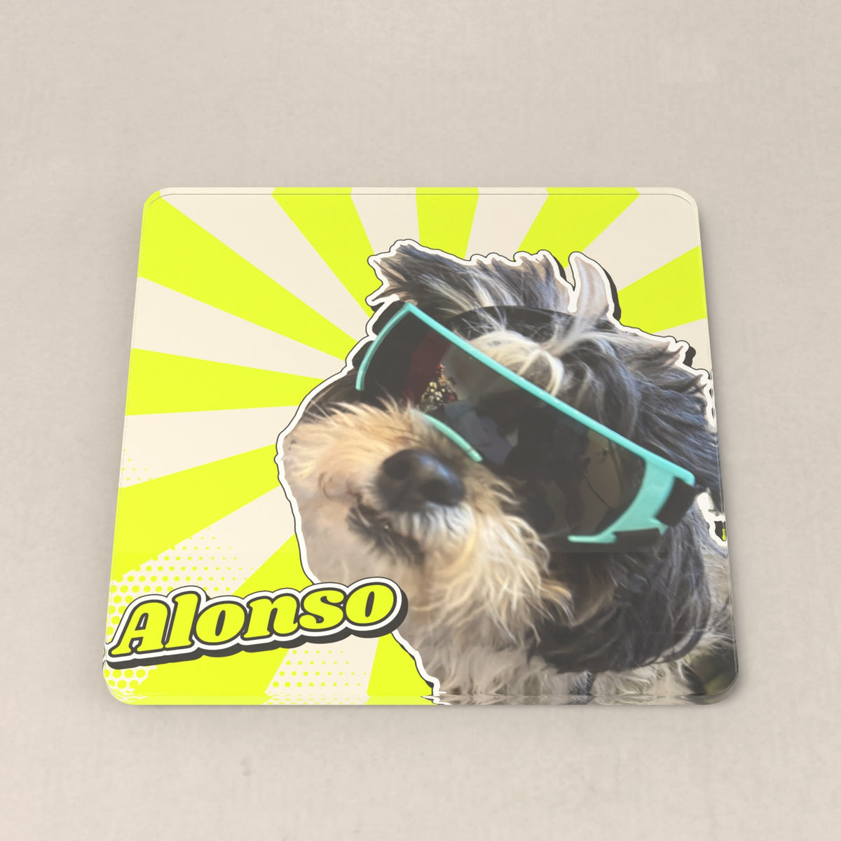 Style: Photo + name. The same coaster with the name Alonso in neon retro lettering