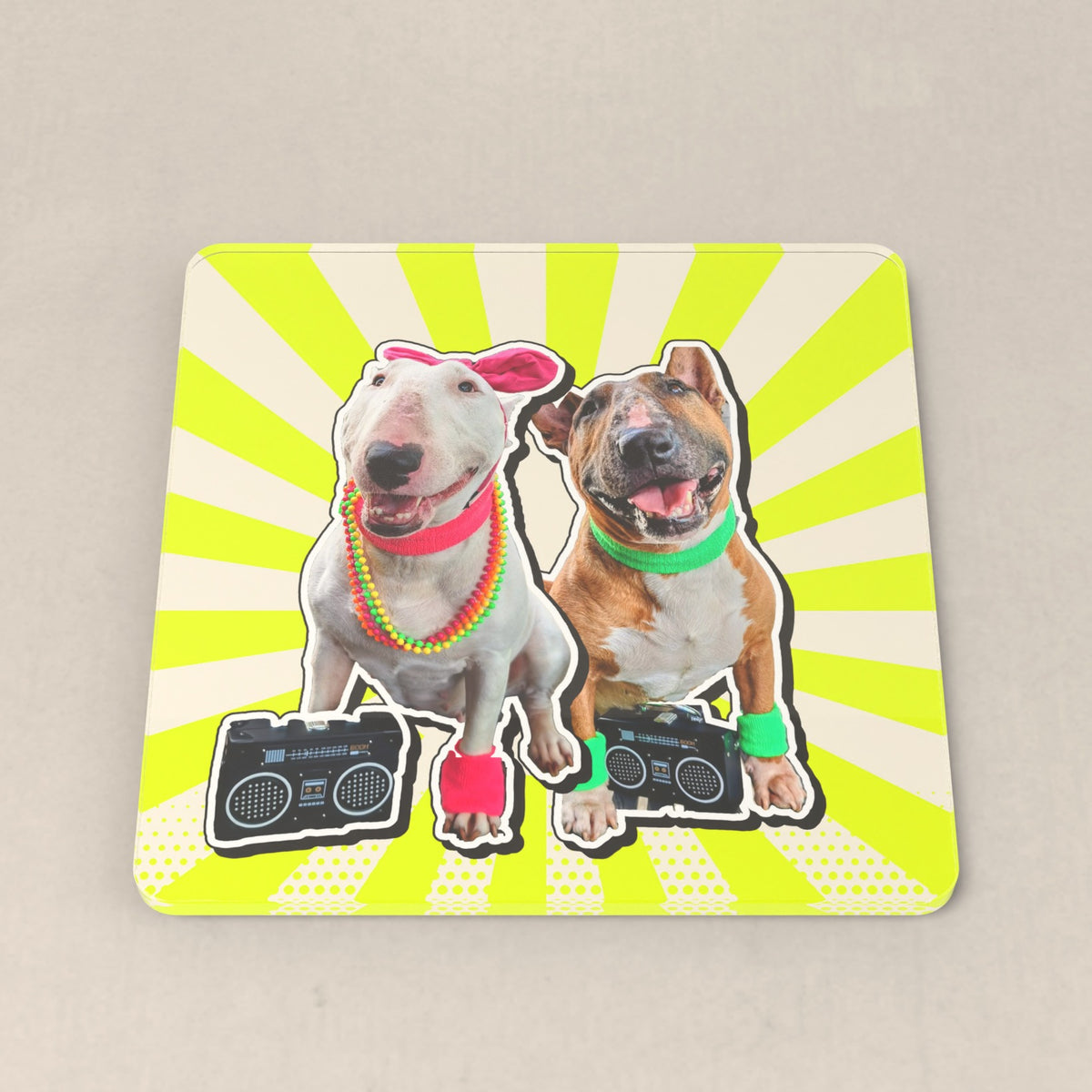 Sunburst look: two bull terriers in 80s costumes with boomboxes on a neon sunburst