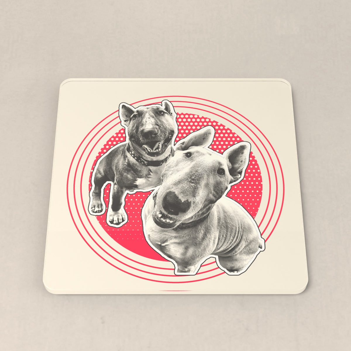 Badge look: two bull terriers as a black-and-white sketch inside a coral circle badge