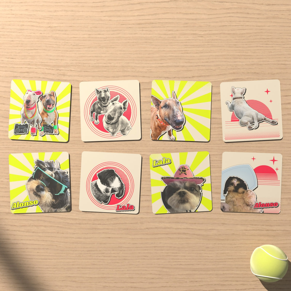 Eight retro pet coasters from two sets on a wood table: bull terriers in the top row, Alonso and Lala in the bottom row