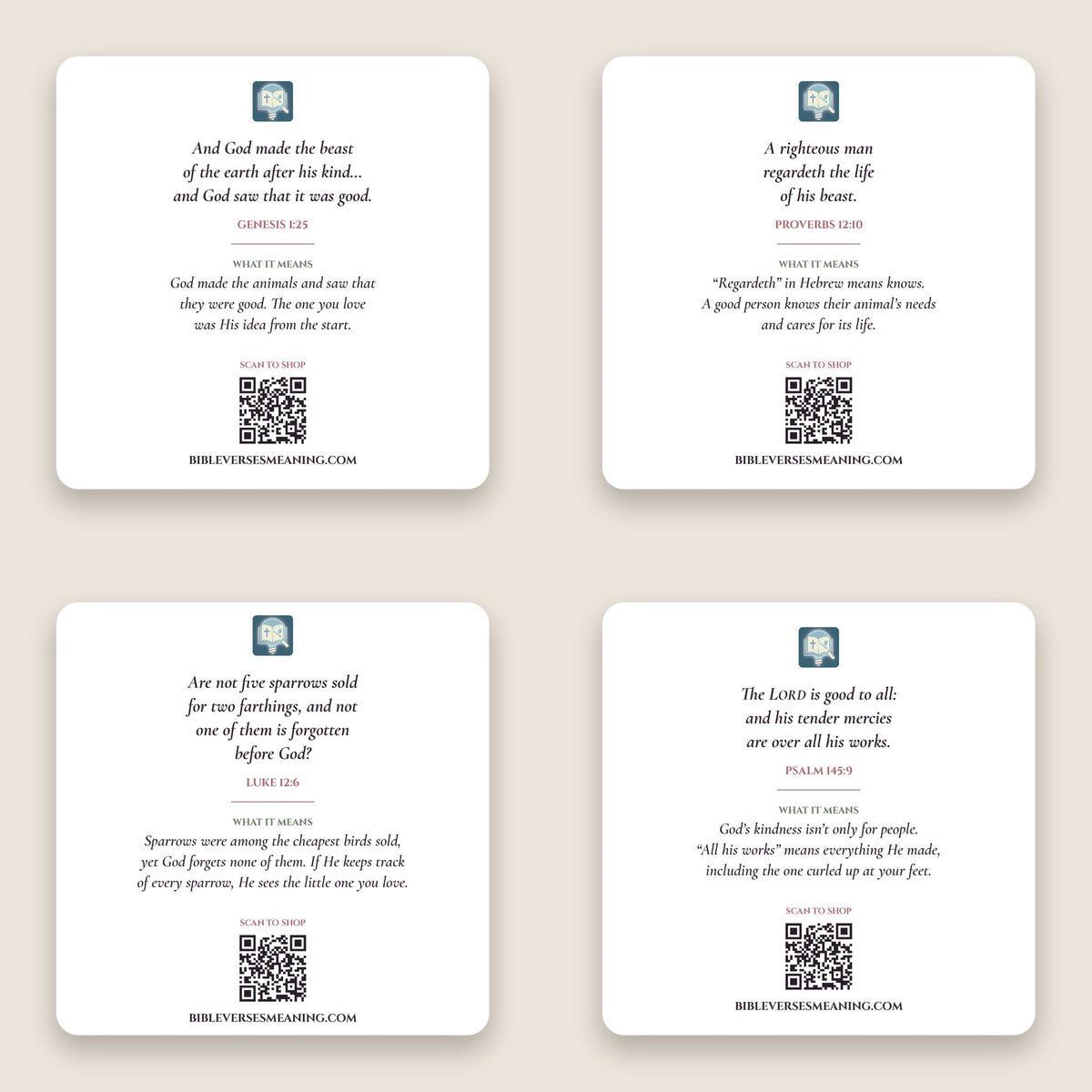 The four backs: Psalm 145:9, Proverbs 12:10, Genesis 1:25 and Luke 12:6, each with what it means and a QR code to the shop