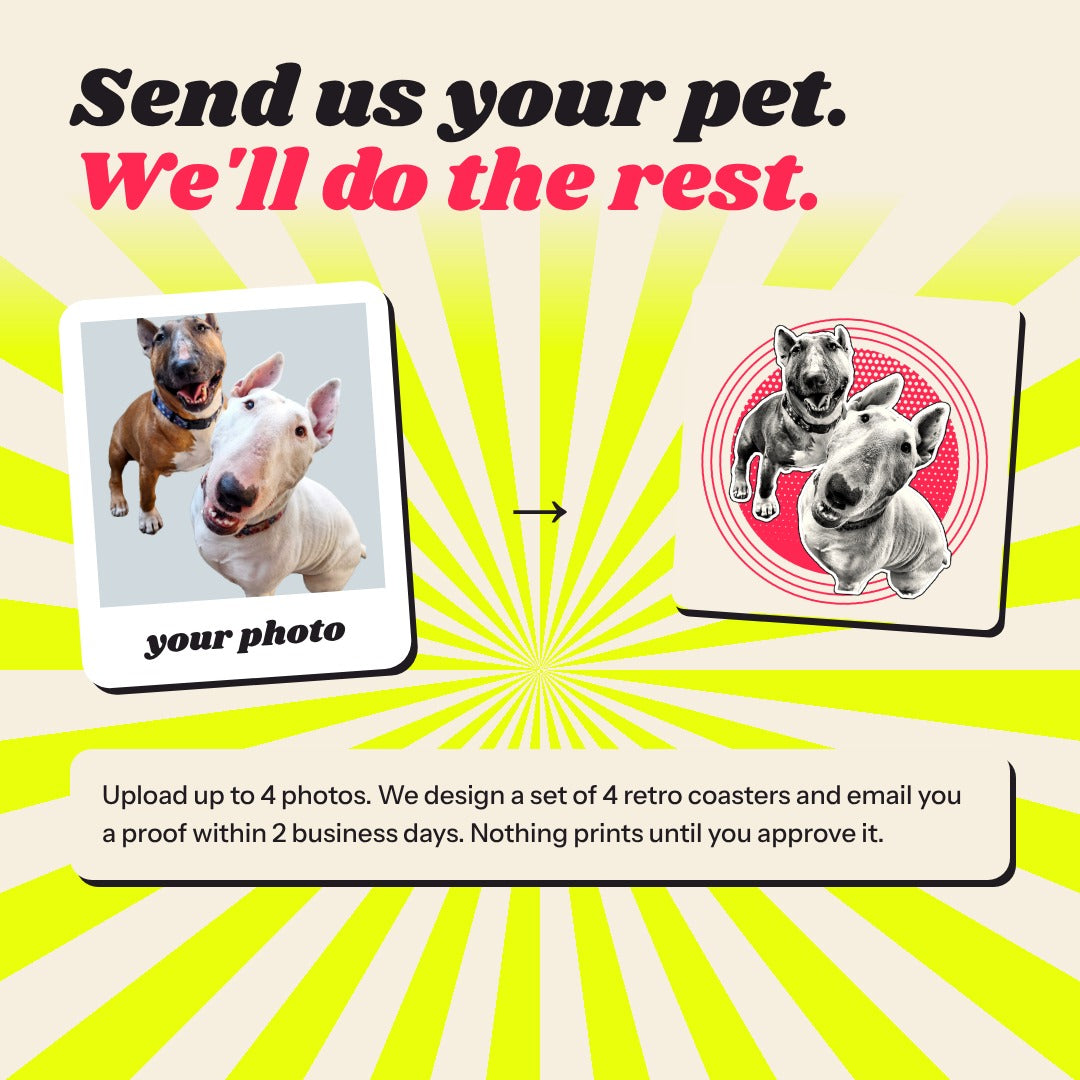 How it works: send us your pet photo, we turn it into retro coasters and email a proof before printing