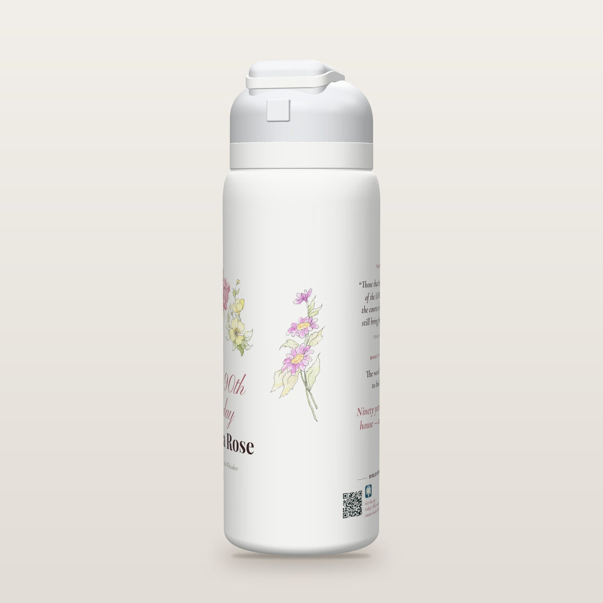 Side of the Still Blooming Birthday Bottle · Her Flowers bottle: purple asters