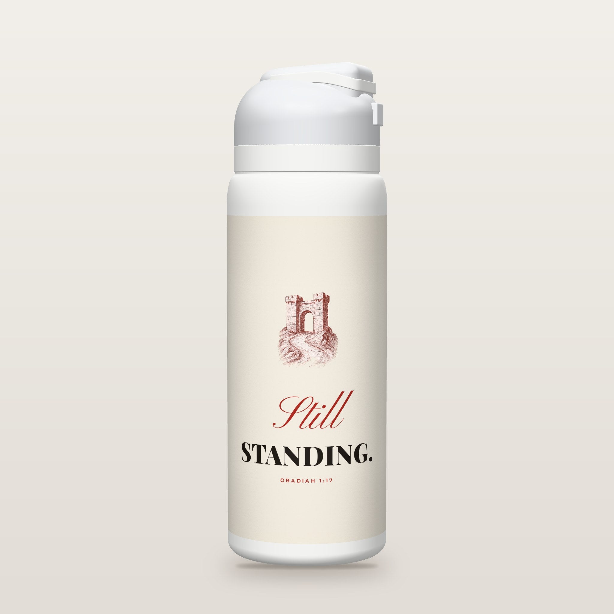 White Owala water bottle with a parchment printed band, an open city gate on a mountain road, the words Still STANDING, and Obadiah 1:17 with its meaning.