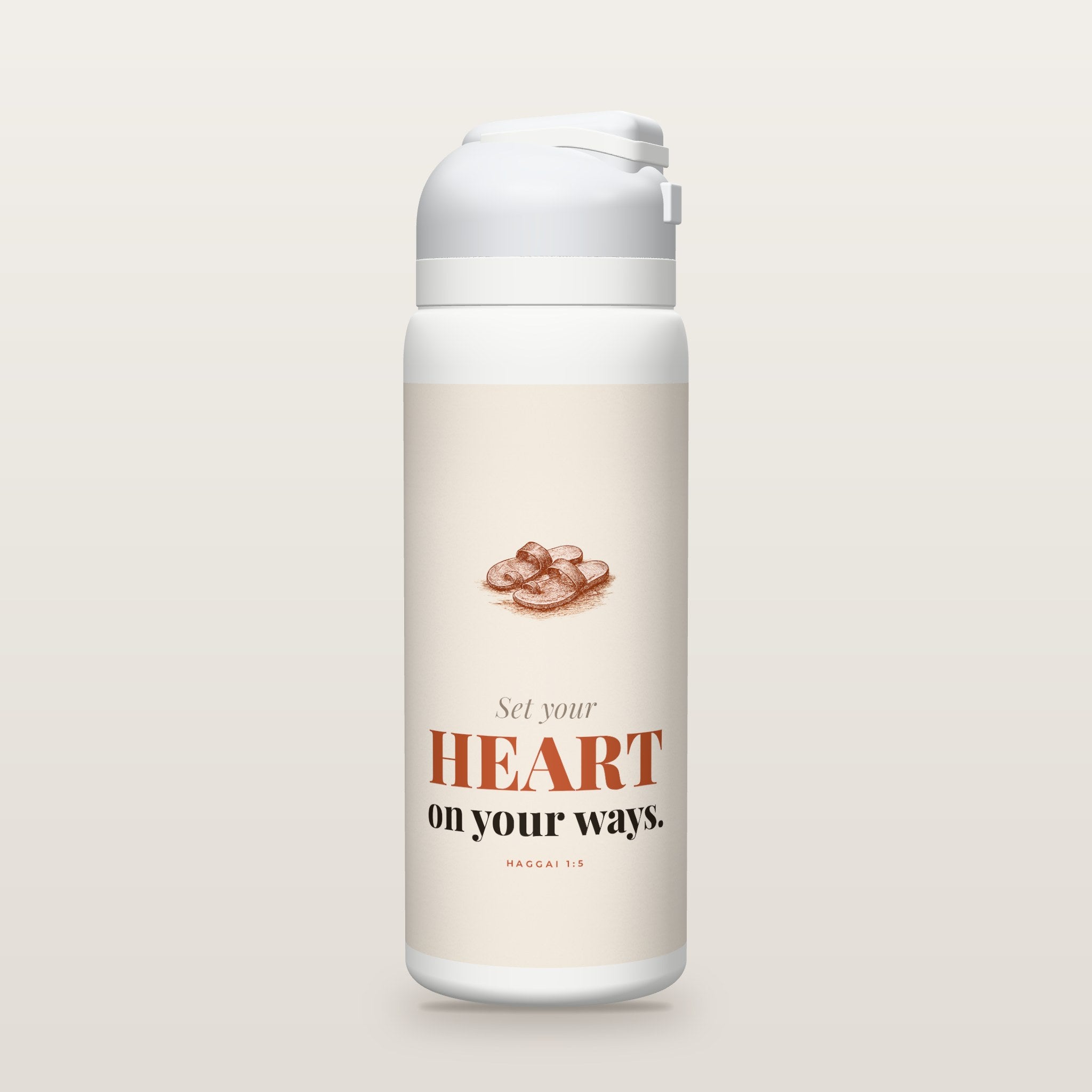White Owala water bottle with a clay printed band, a pair of sandals on a road, the words Set your HEART on your ways, and Haggai 1:5 with its meaning.