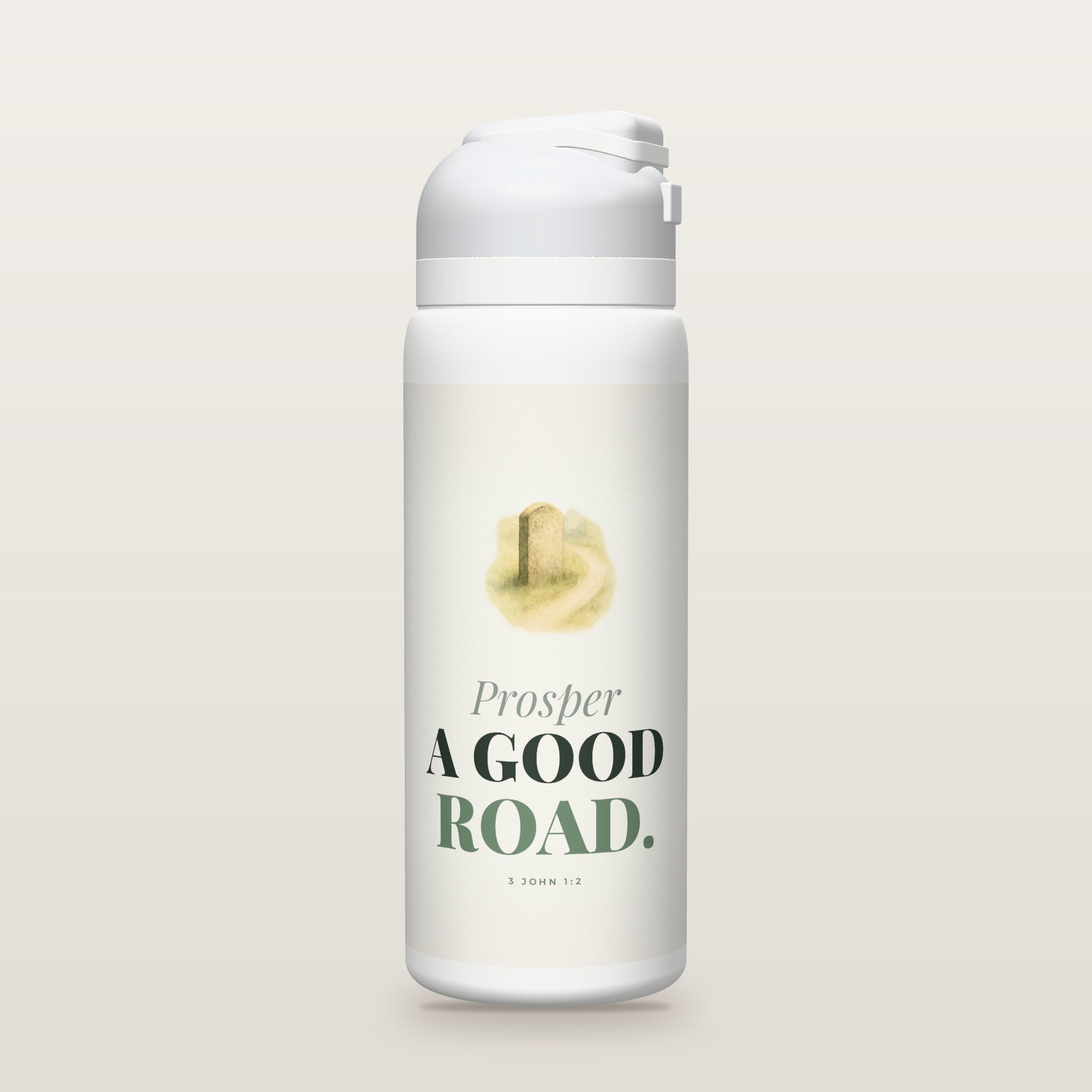 White Owala water bottle with a sage printed band, a watercolor milestone and footpath, the words Prosper A GOOD ROAD, and 3 John 1:2 with its meaning.