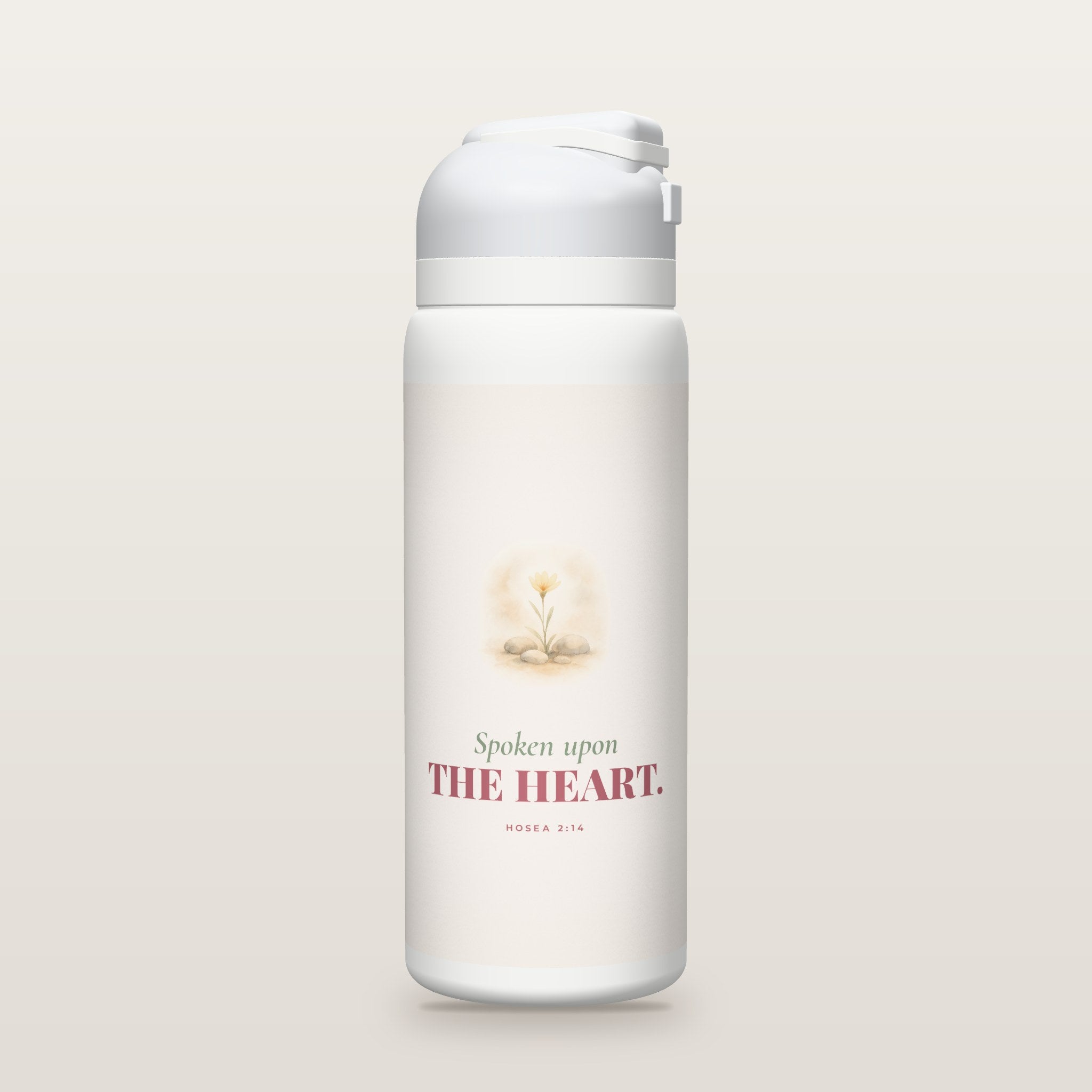 White Owala water bottle with a soft rose printed band, a watercolor desert wildflower, the words Spoken upon THE HEART, and Hosea 2:14 with its meaning.