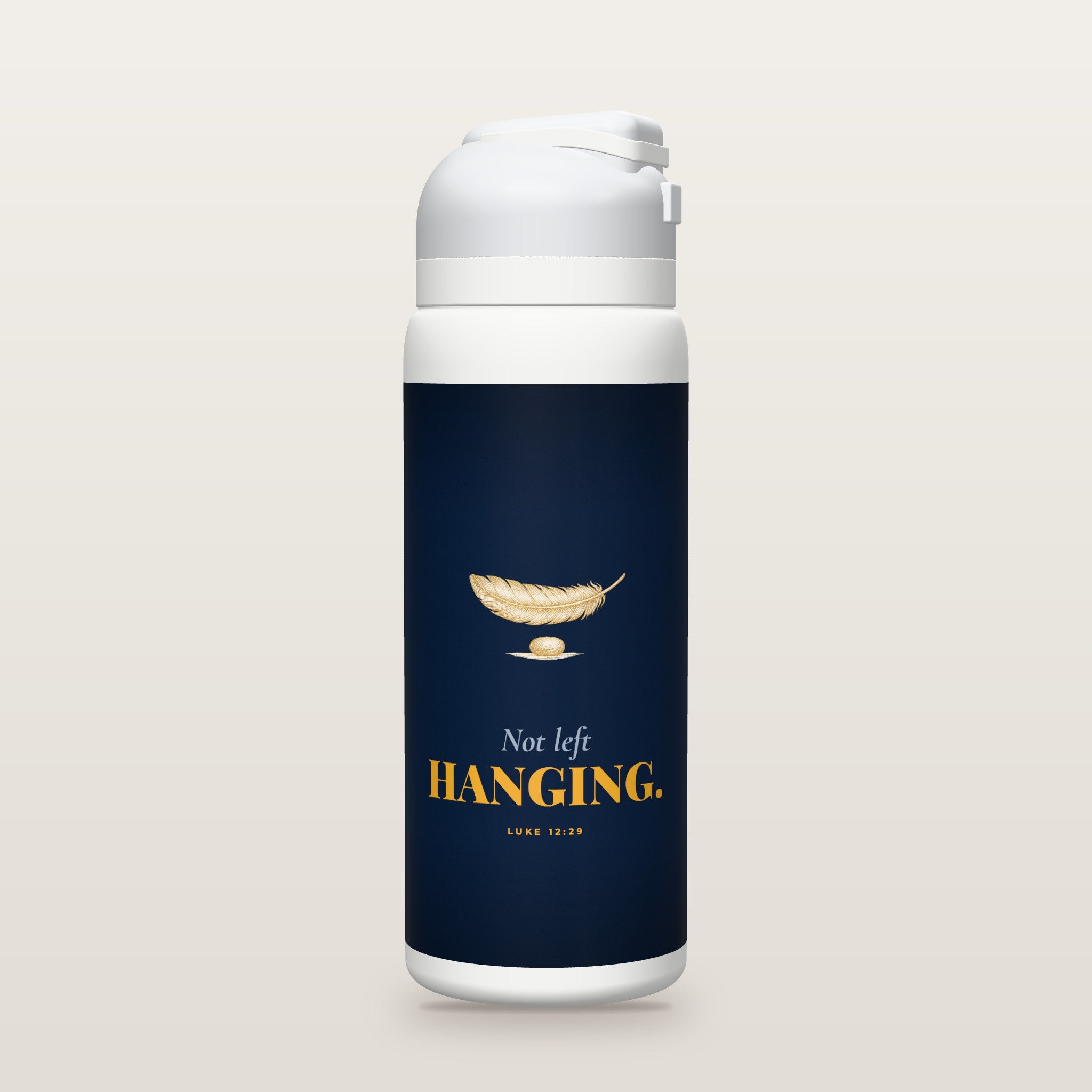 White Owala water bottle with a navy printed band, a gold feather above a stone, the words Not left HANGING, and Luke 12:29 with its meaning.