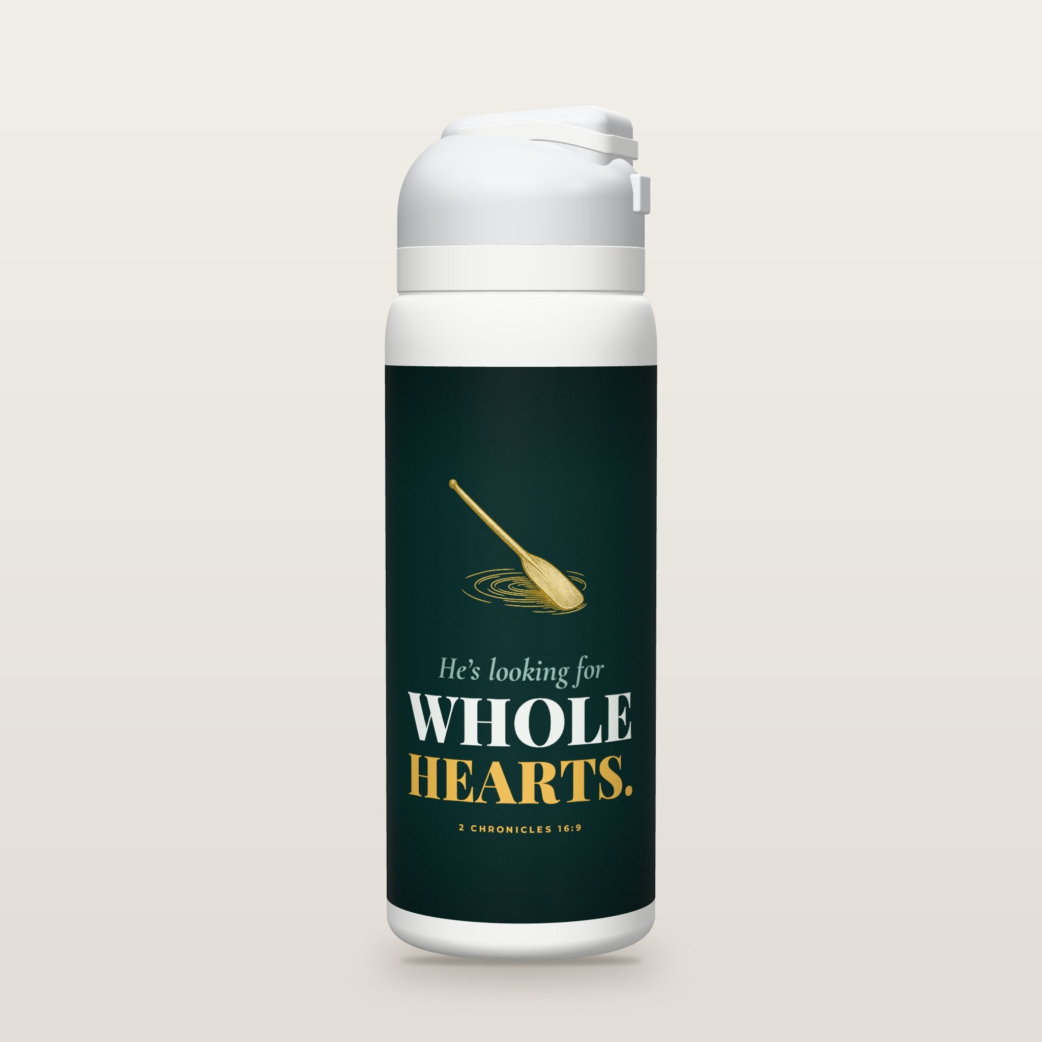 White Owala water bottle with a teal printed band, a gold oar on water, the words He’s looking for WHOLE HEARTS, and 2 Chronicles 16:9 with its meaning.