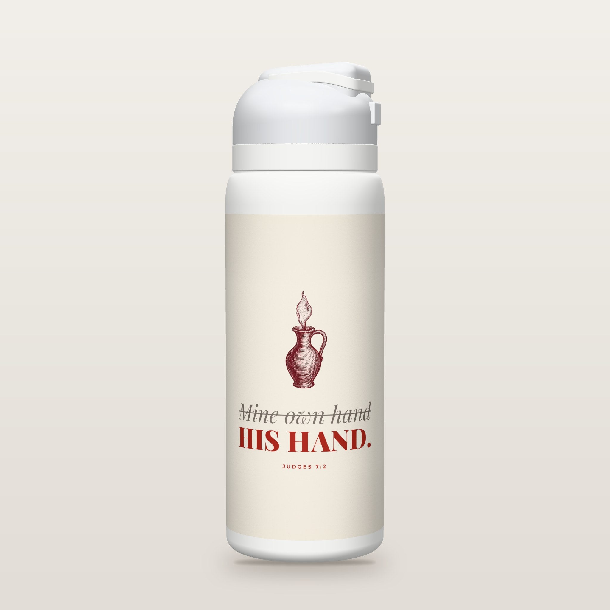 White Owala water bottle with a parchment printed band, a clay pitcher with a torch flame, the words Mine own hand crossed out above HIS HAND, and Judges 7:2 with its meaning.