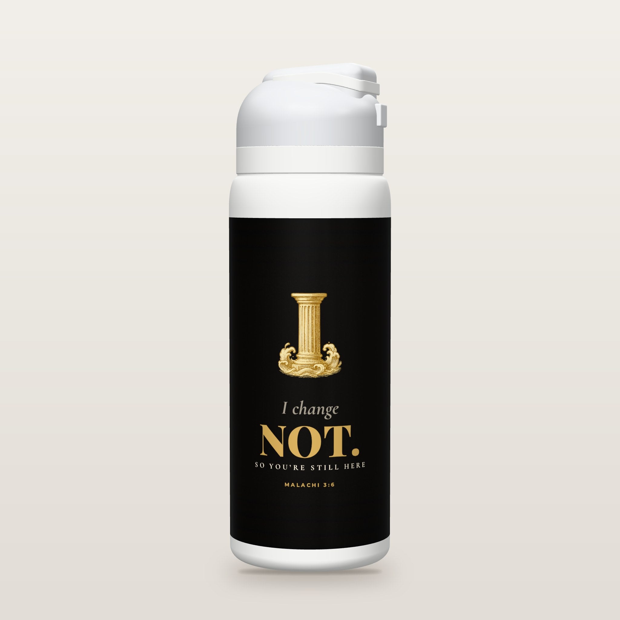 White Owala water bottle with a black printed band, a gold stone pillar among waves, the words I change NOT, and Malachi 3:6 with its meaning.