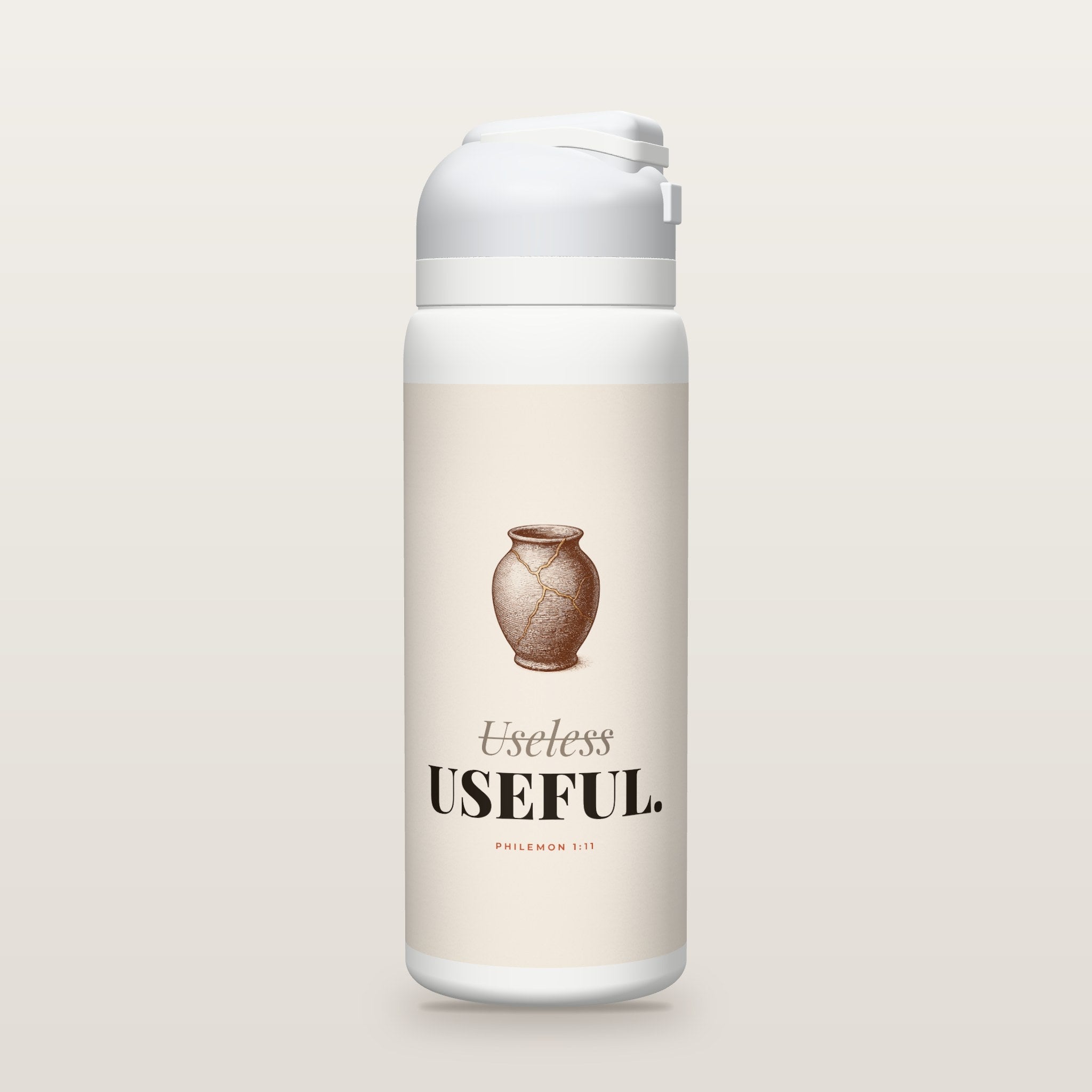 White Owala water bottle with a cream printed band, a clay jar mended in gold, the word Useless crossed out above USEFUL, and Philemon 1:11 with the meaning behind Onesimus’s name.