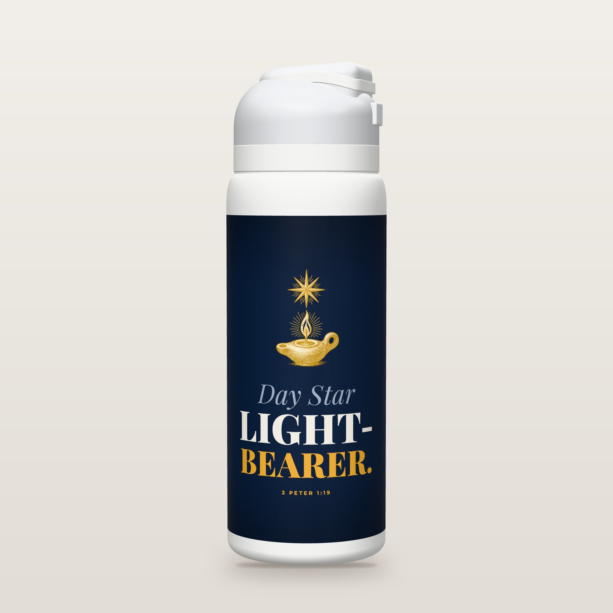 White Owala water bottle with a navy printed band, a gold oil lamp and morning star, the words Day Star and LIGHT-BEARER, and 2 Peter 1:19 with the meaning of day star.