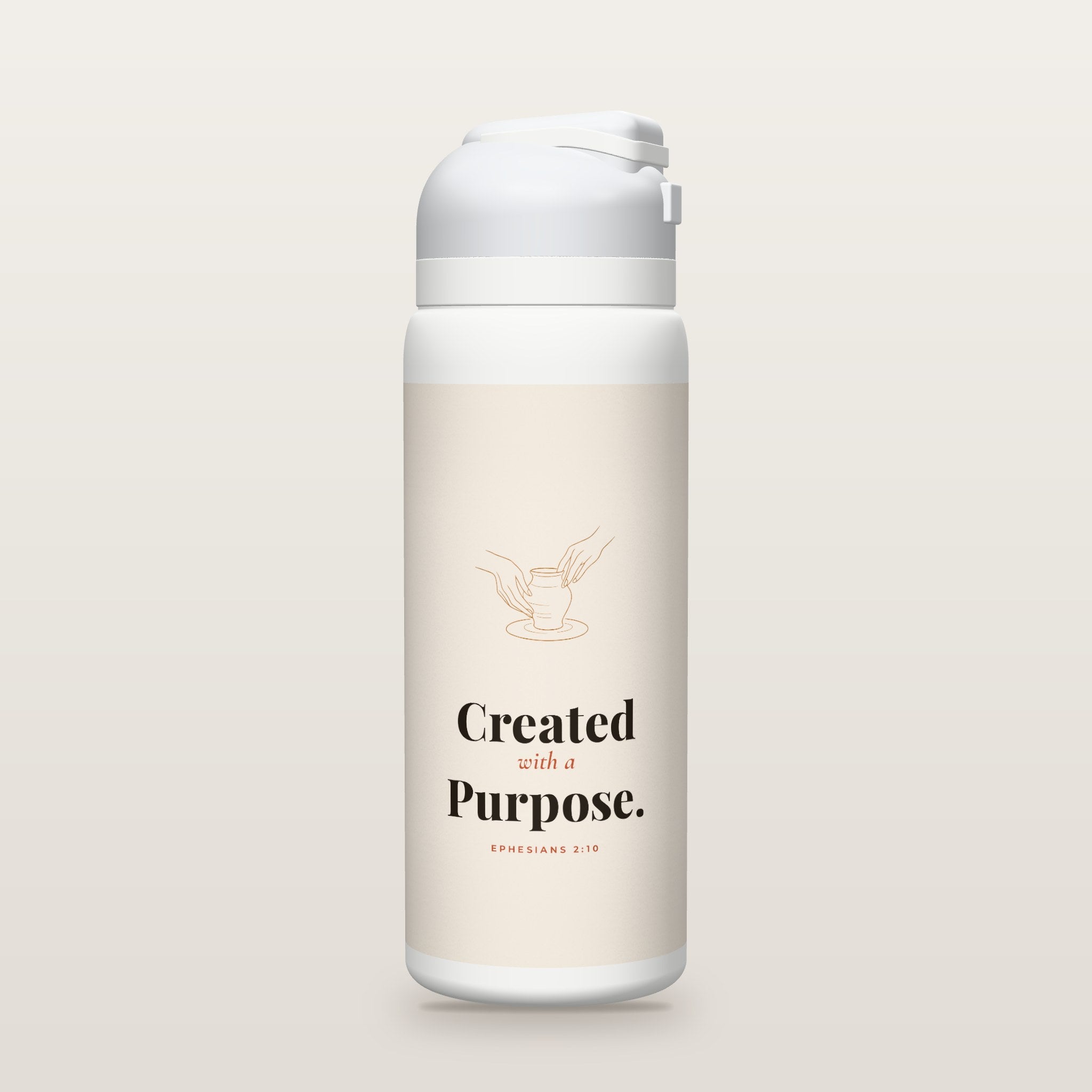 White Owala water bottle with a cream printed band, a line drawing of potter's hands shaping a bowl, and the words Created with a Purpose, Ephesians 2:10.