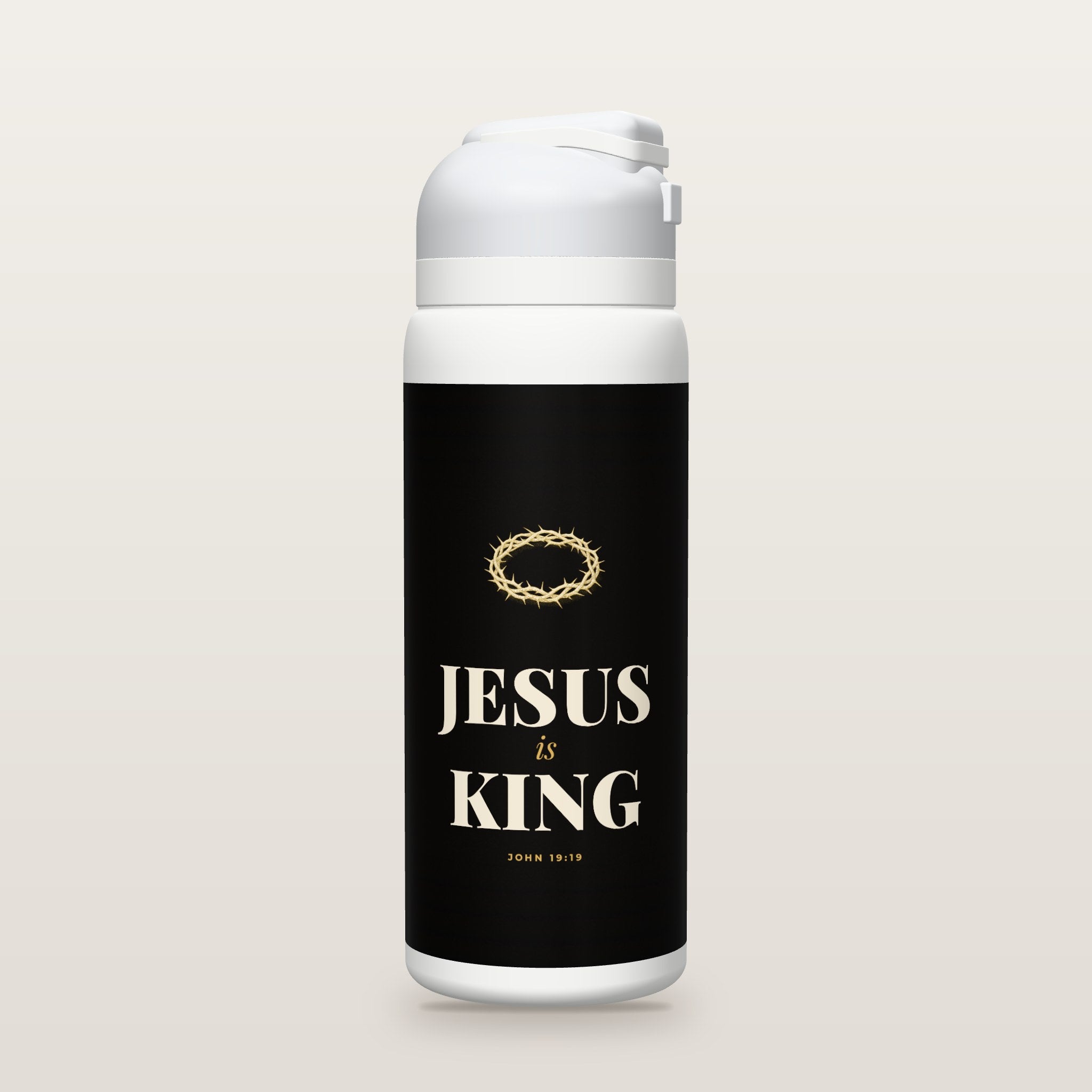 White Owala water bottle with a black printed band, a gold crown of thorns and the words JESUS is KING with John 19:19.