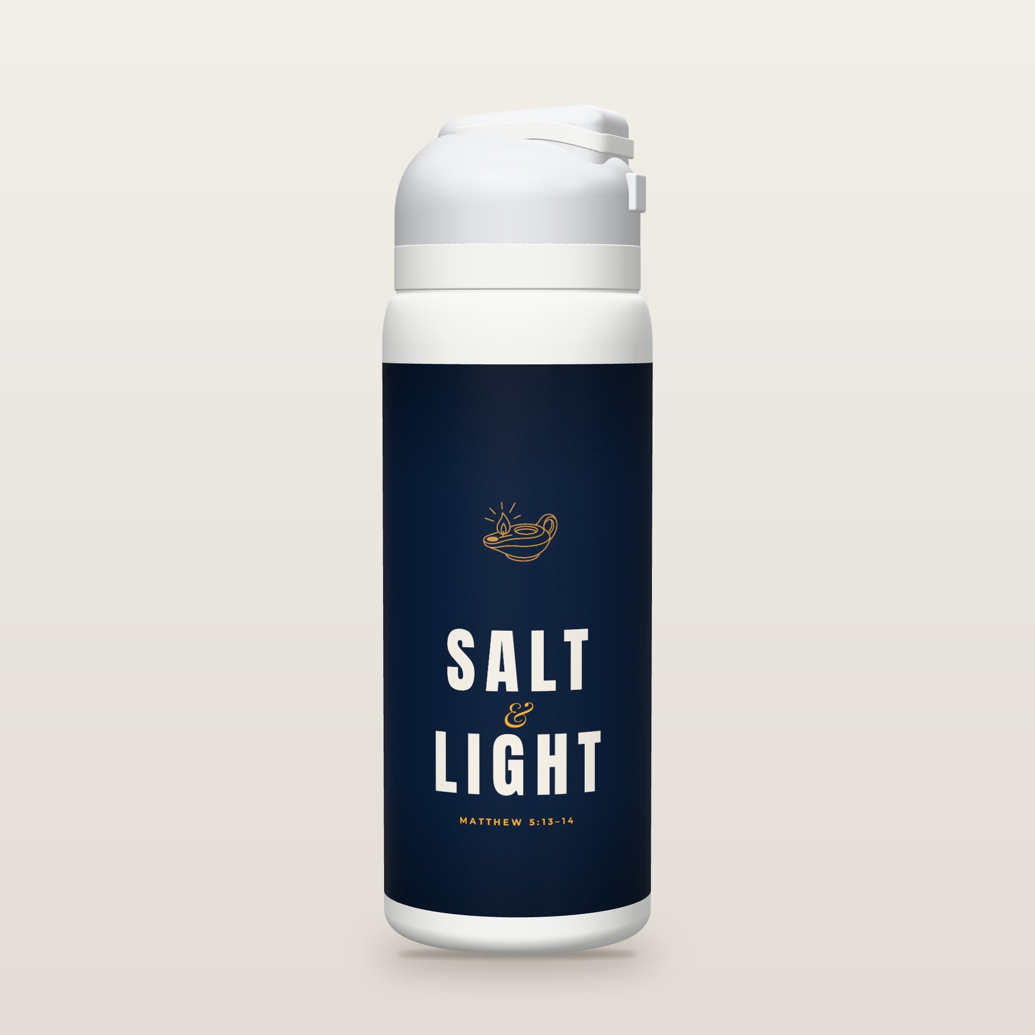 White Owala water bottle with a navy printed band, a gold oil lamp and bold SALT & LIGHT lettering, Matthew 5:13–14.